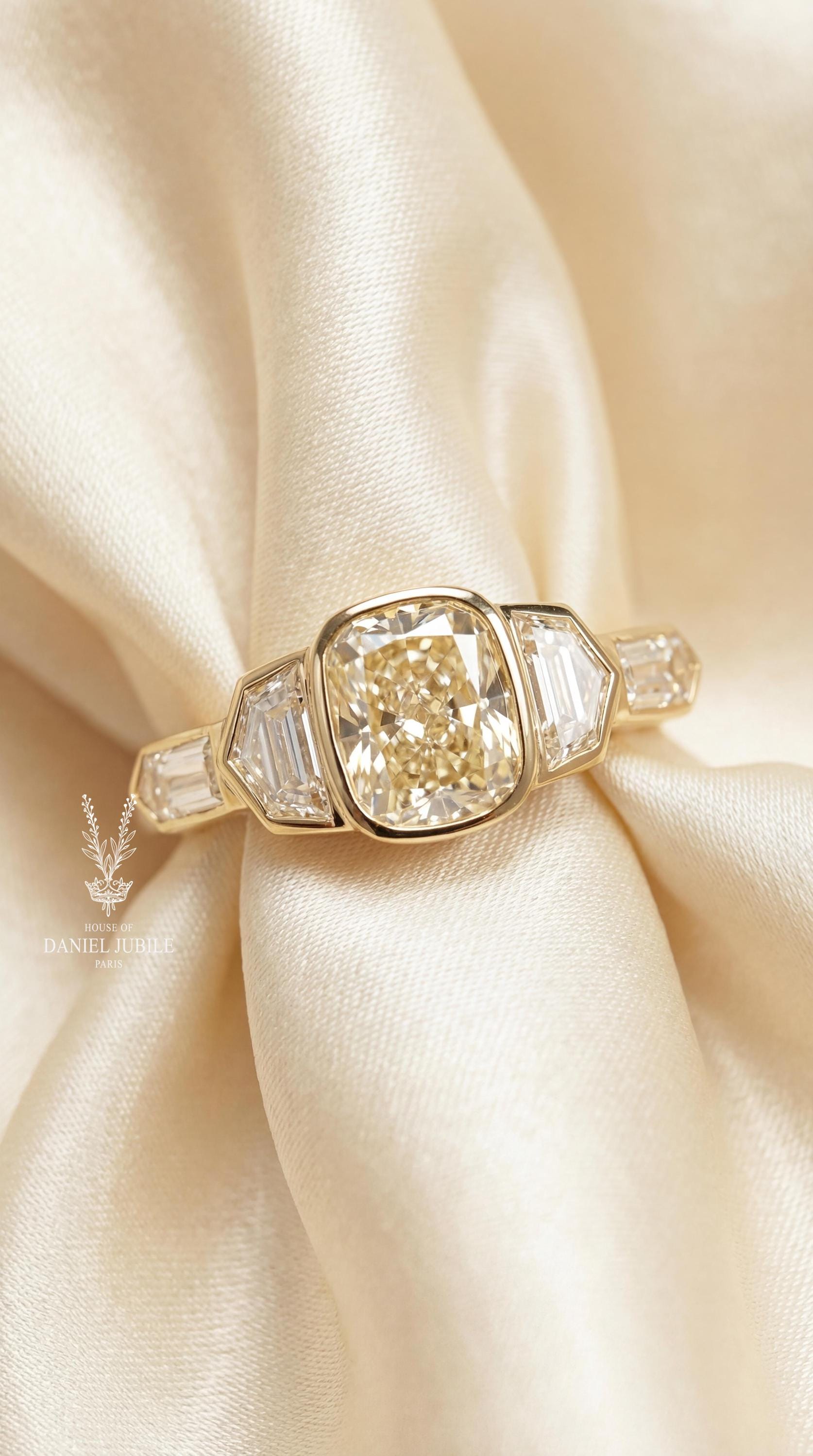 Art Deco 4ctw Cushion Cut Lab Engagement Diamond Ring, 14k Gold Bezel Set