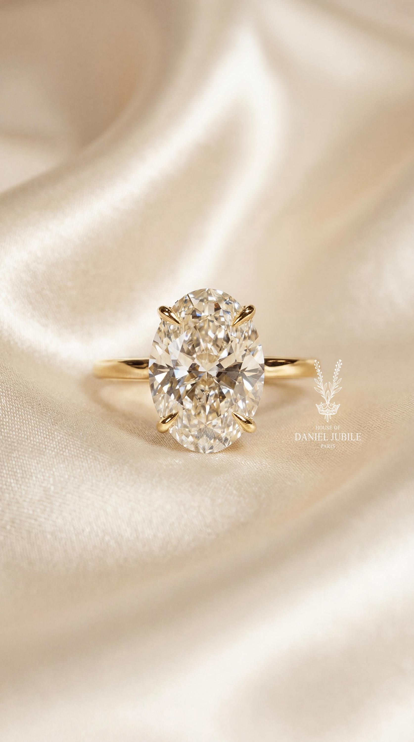 4ct Oval Lab Diamond Engagement Ring, 14k Gold Hidden Halo Solitaire