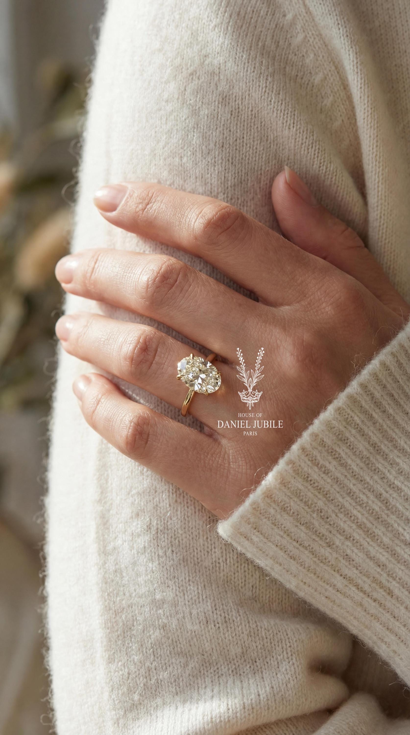 4ct Oval Lab Diamond Engagement Ring, 14k Gold Hidden Halo Solitaire