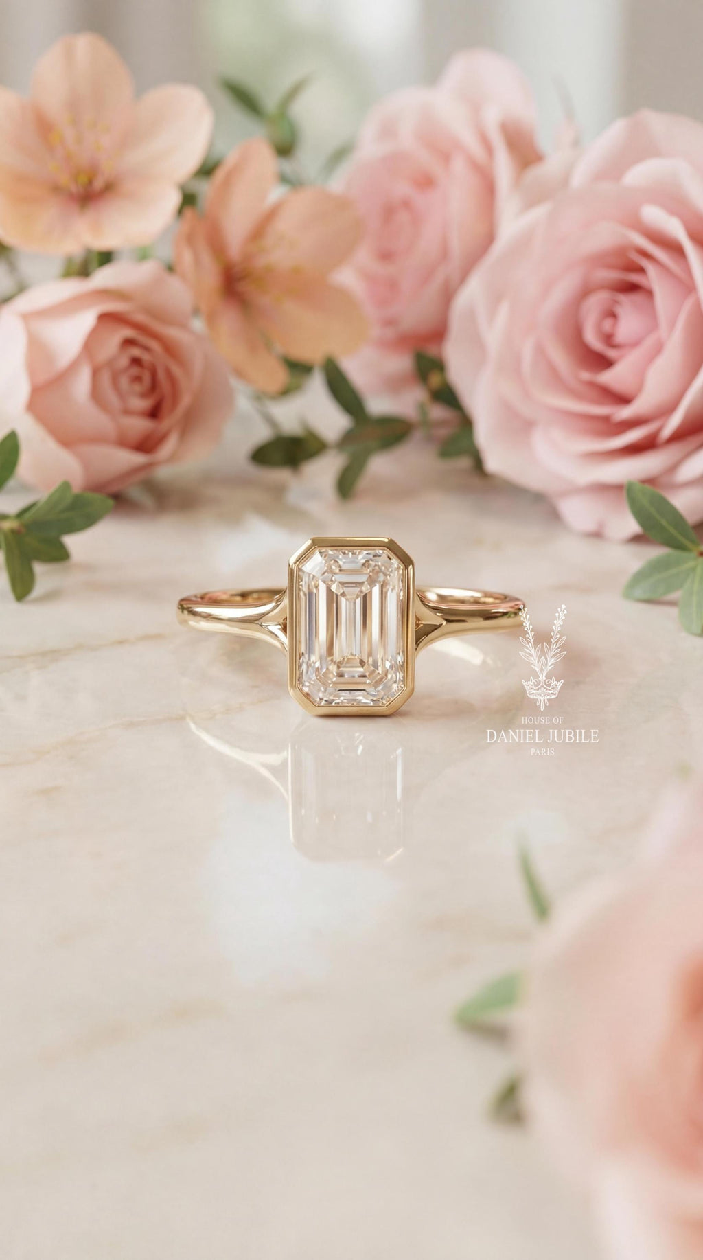 3ct Emerald Cut Lab Diamond Engagement Ring, 14k Gold Bezel Set Split Shank