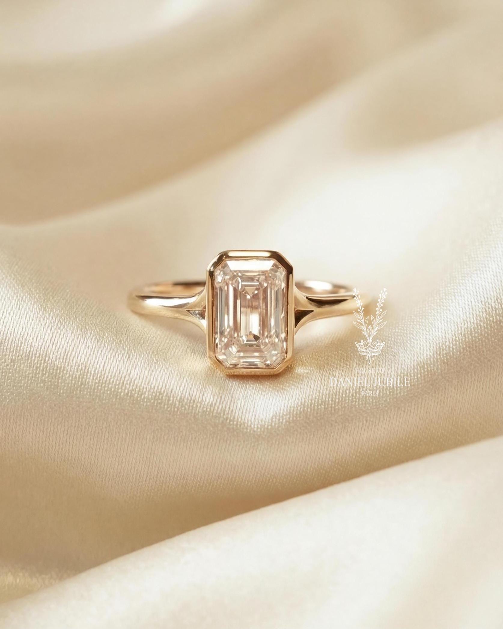 3ct Emerald Cut Lab Diamond Engagement Ring, 14k Gold Bezel Set Split Shank
