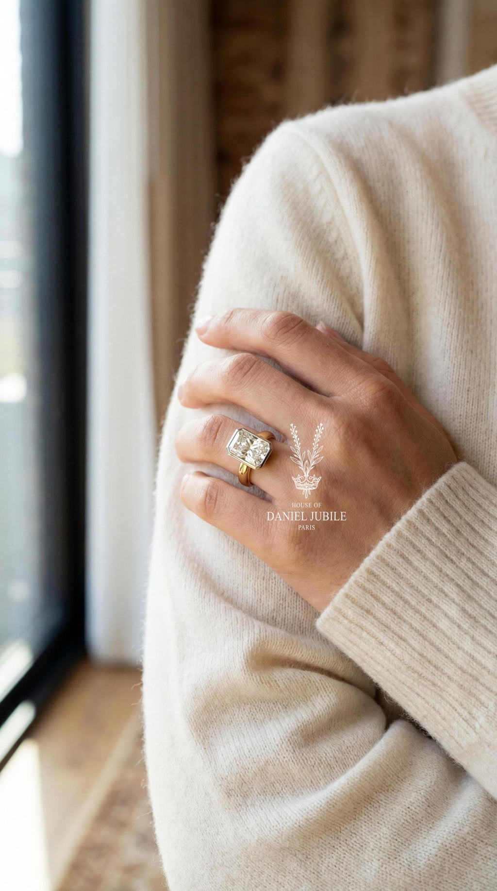 3ct Radiant Cut Diamond Engagement Ring Half Bezel Set Solitaire 14k Gold Wide Cigar Band Modern Minimalist Statement Wedding Ring