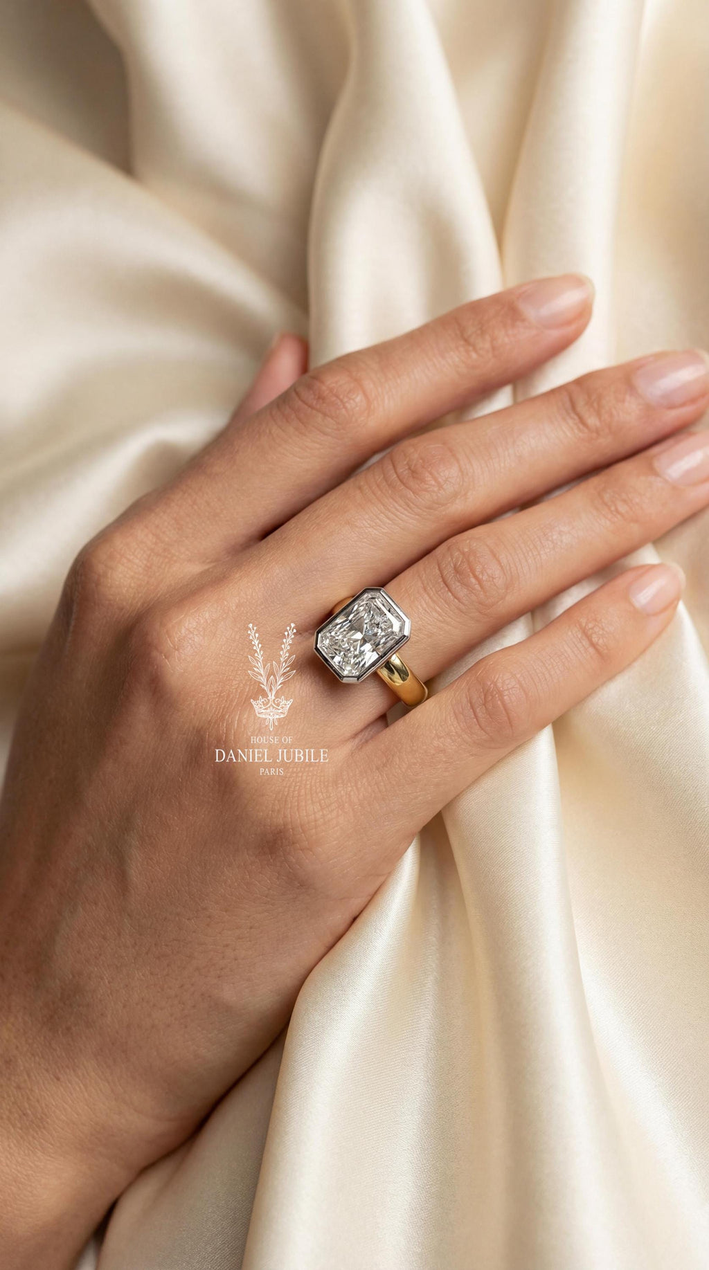 3ct Radiant Cut Diamond Engagement Ring Half Bezel Set Solitaire 14k Gold Wide Cigar Band Modern Minimalist Statement Wedding Ring