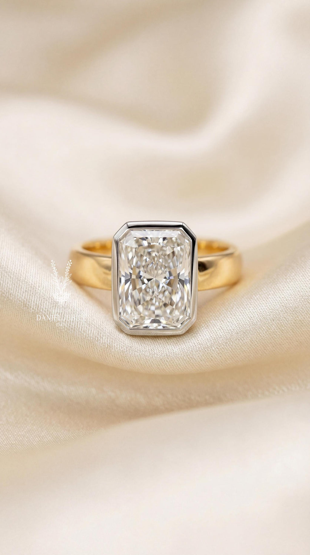 3ct Radiant Cut Diamond Engagement Ring Half Bezel Set Solitaire 14k Gold Wide Cigar Band Modern Minimalist Statement Wedding Ring