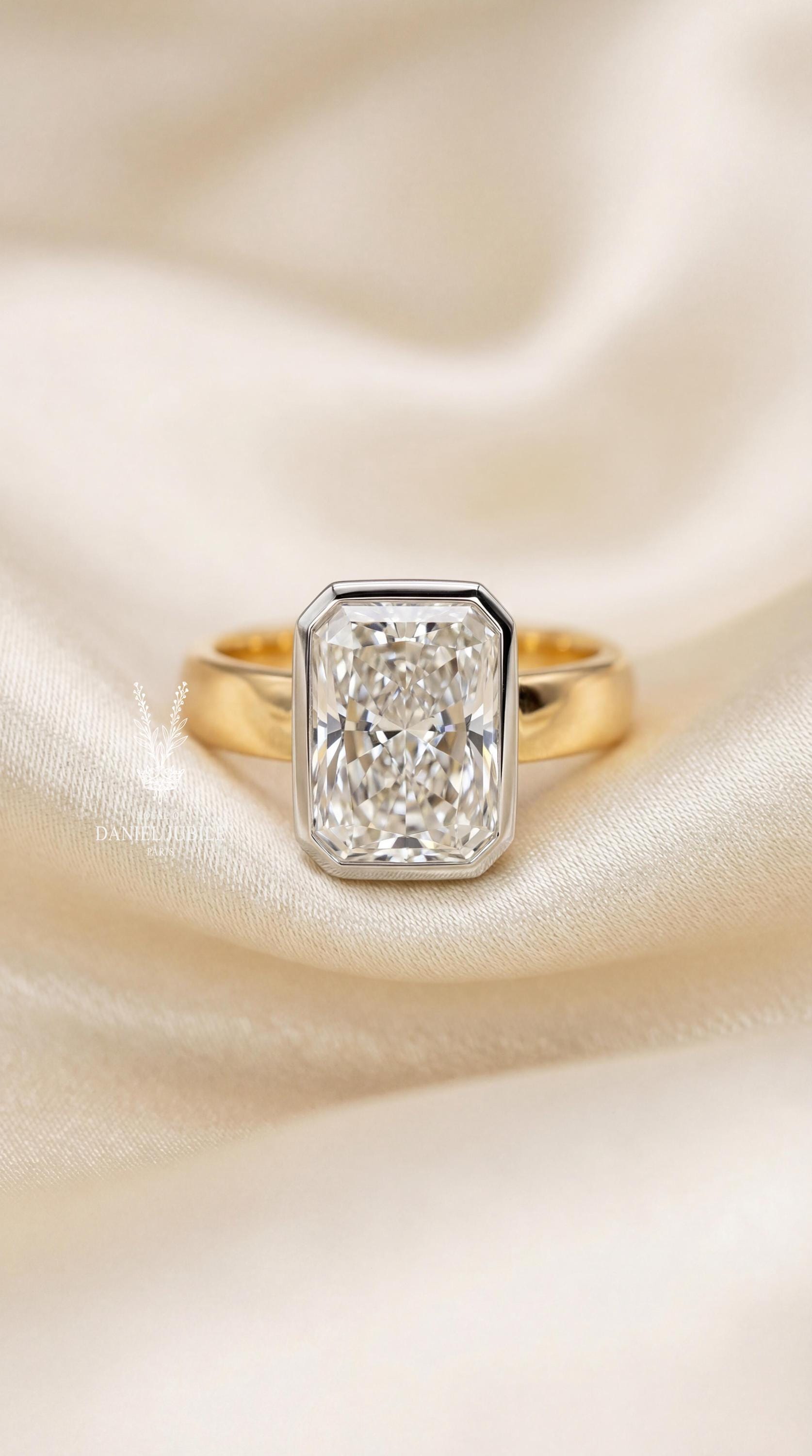 3ct Radiant Cut Diamond Engagement Ring Half Bezel Set Solitaire 14k Gold Wide Cigar Band Modern Minimalist Statement Wedding Ring