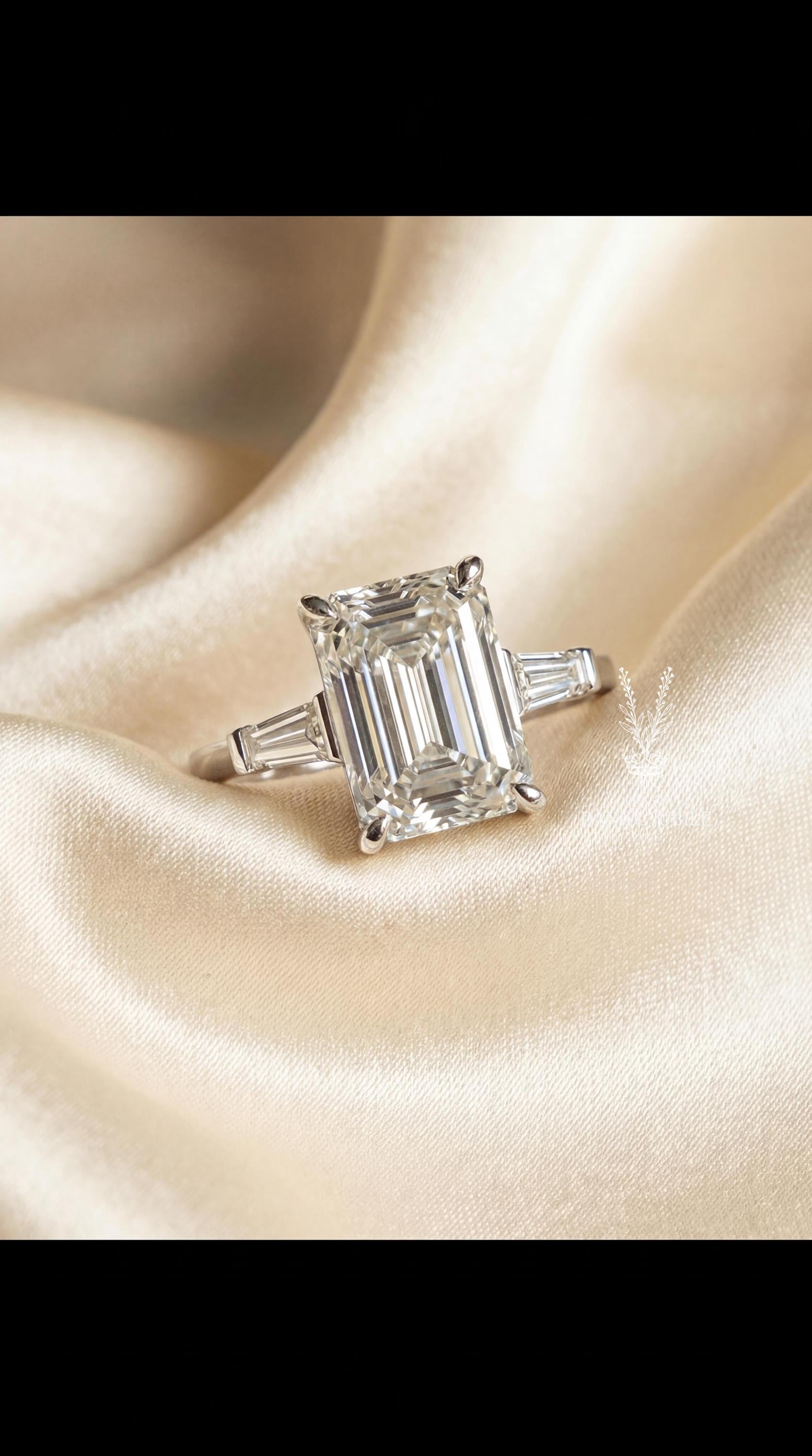 4ct Emerald Cut Lab Diamond Engagement Ring, 14k Gold Art Deco Trilogy