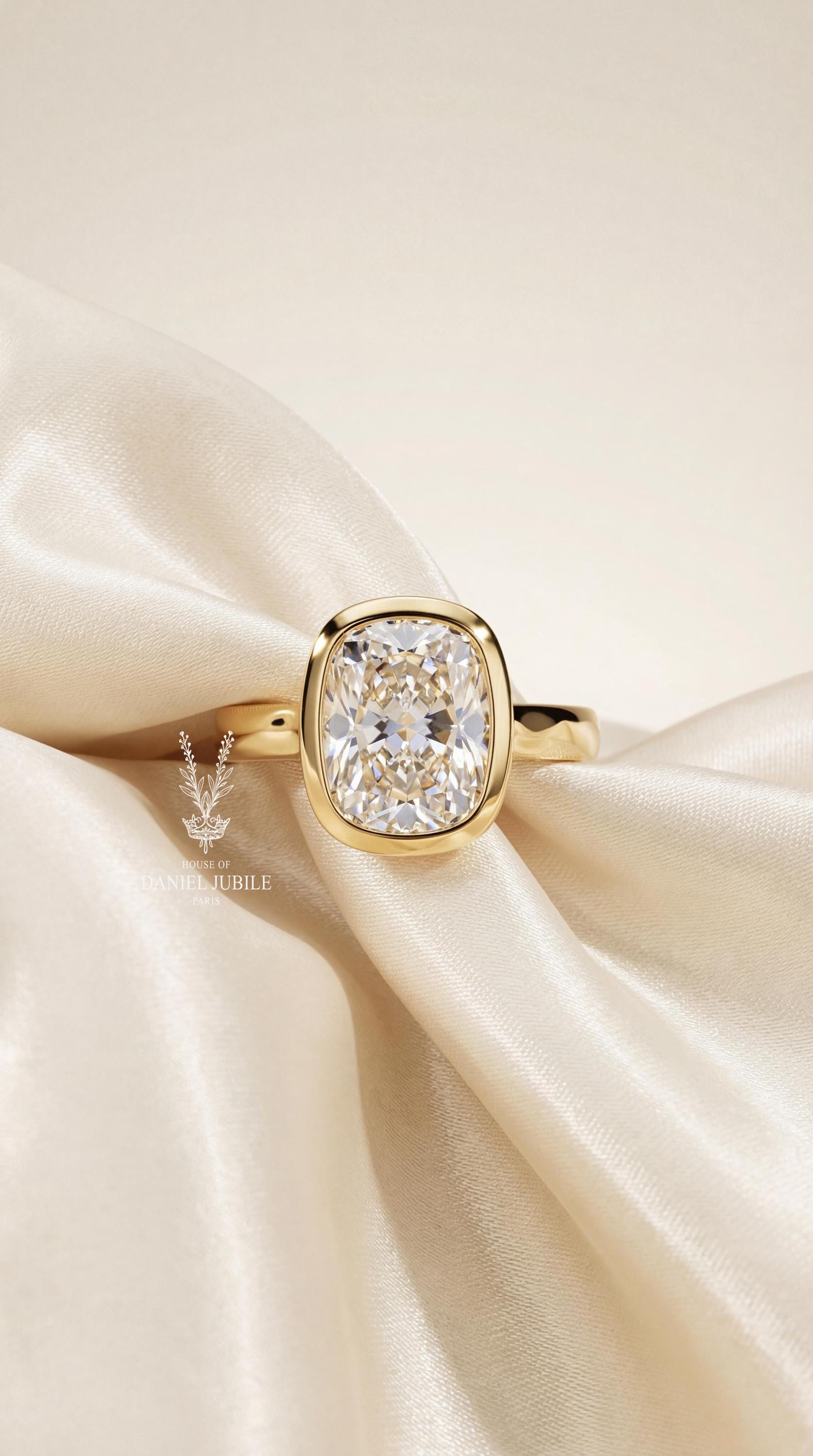 2ct Cushion Cut Diamond Engagement Ring Bezel Set Solitaire 14k Solid Gold Wedding Ring Modern Minimalist Low Profile Promise Ring
