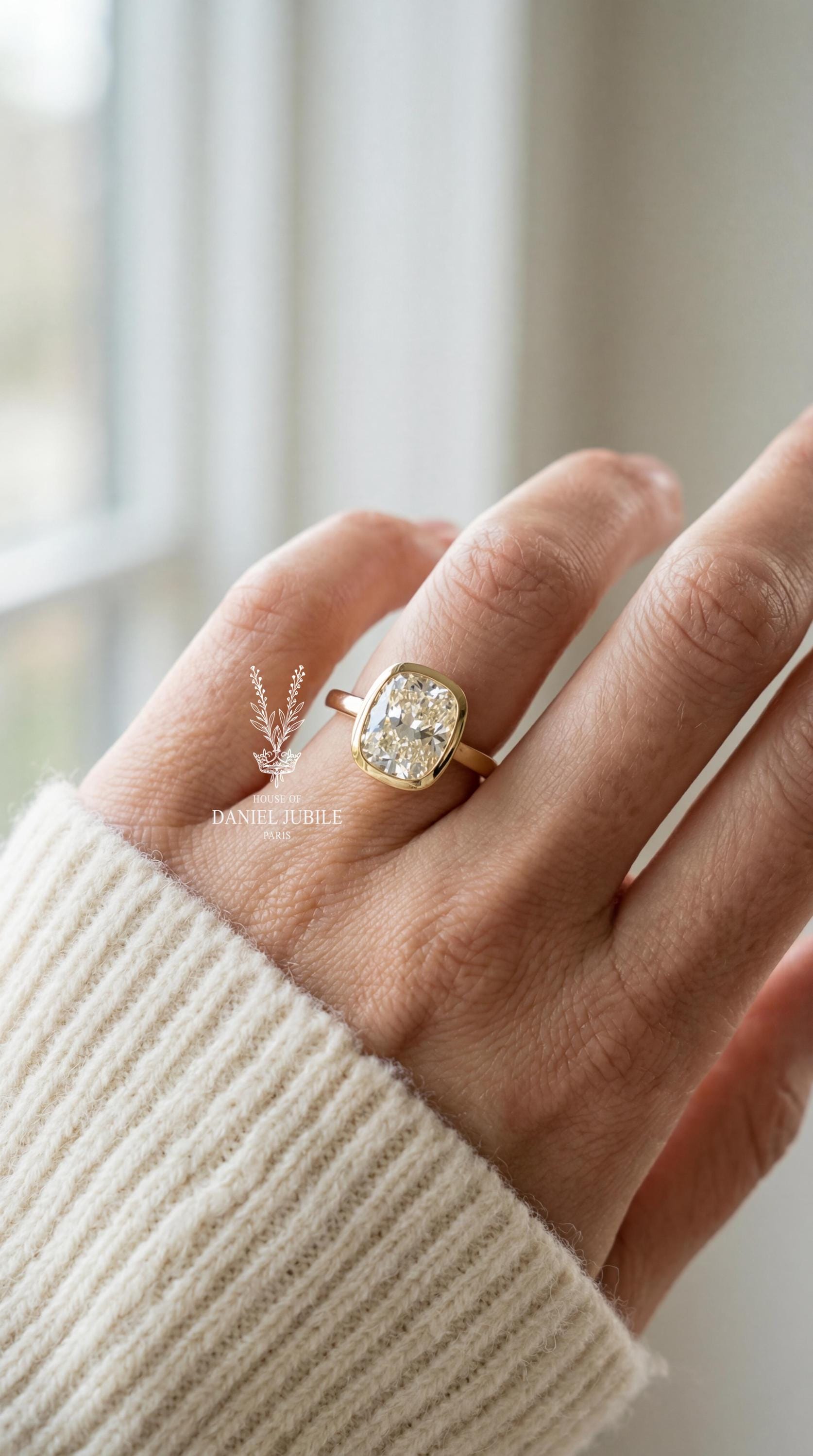 2ct Cushion Cut Diamond Engagement Ring Bezel Set Solitaire 14k Solid Gold Wedding Ring Modern Minimalist Low Profile Promise Ring