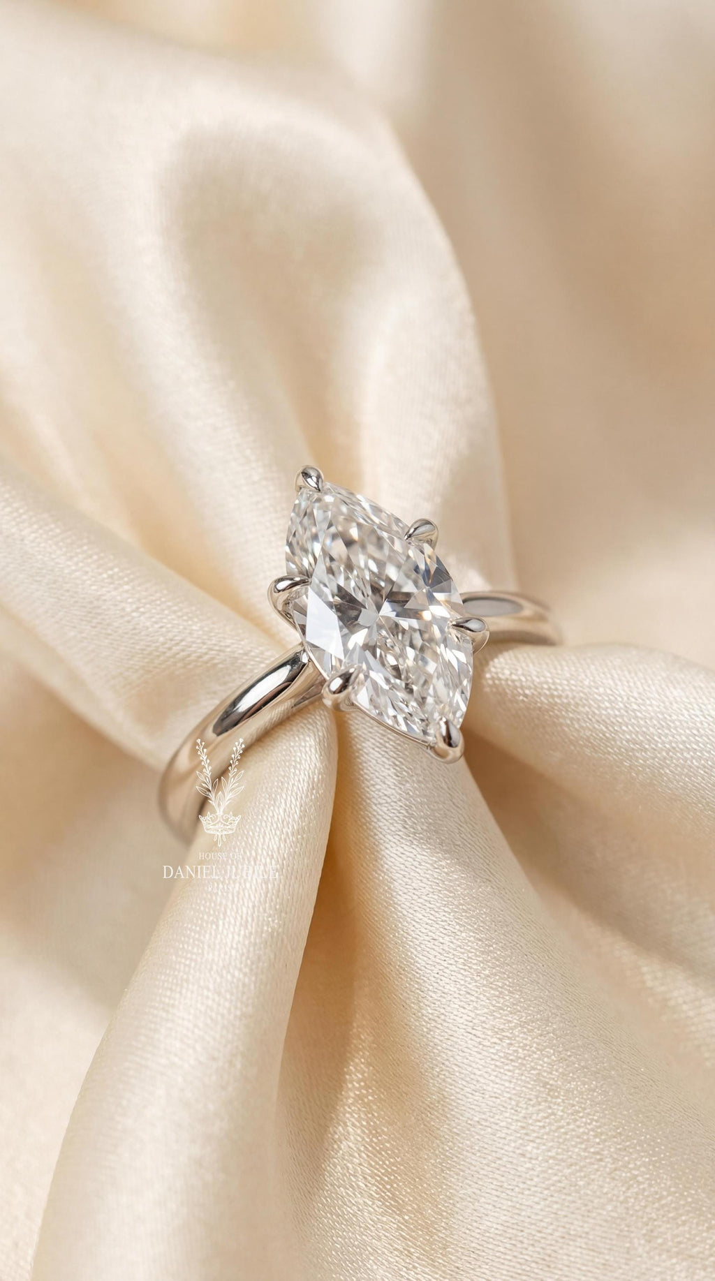4ct Marquise Lab Grown Diamond Engagement Ring, 14k Gold Art Deco Baguette Ring