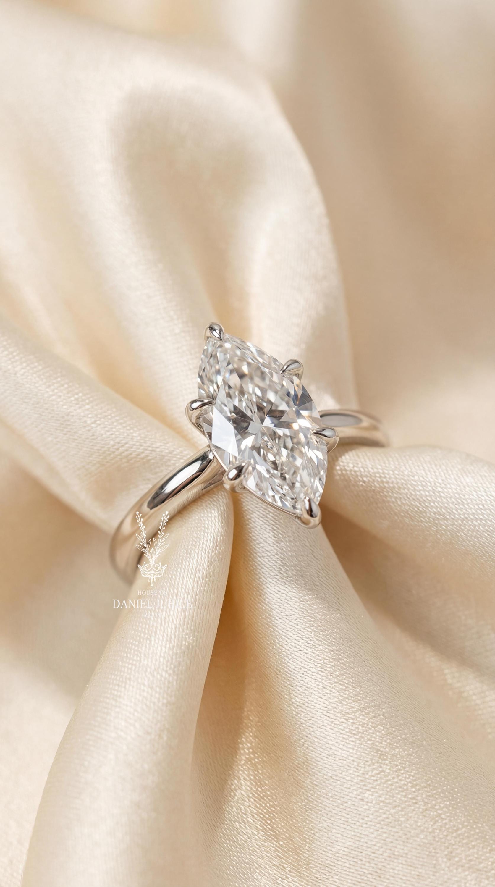 4ct Marquise Lab Grown Diamond Engagement Ring, 14k Gold Art Deco Baguette Ring