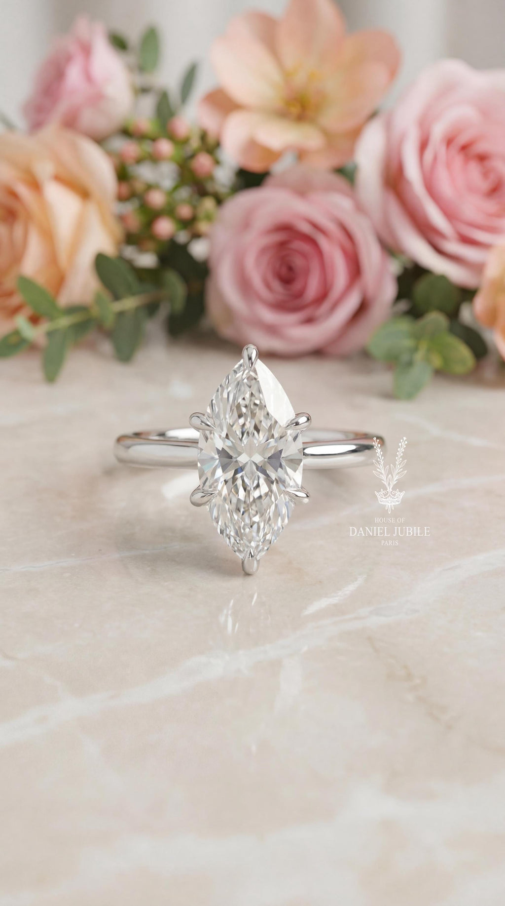 4ct Marquise Lab Grown Diamond Engagement Ring, 14k Gold Art Deco Baguette Ring