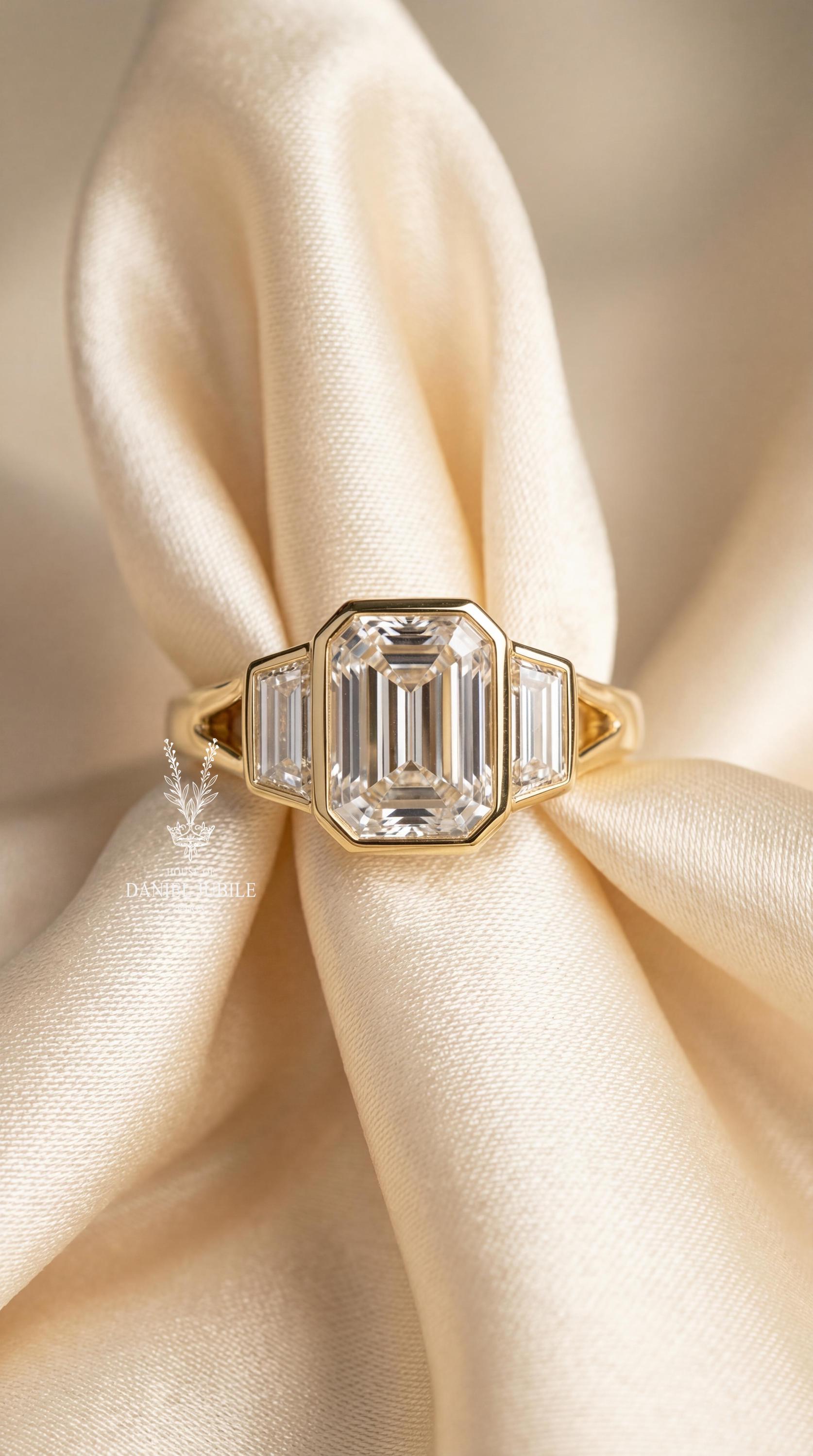 3Carat Emerald Cut Lab Diamond Engagement Ring, 14k Gold Bezel Set Split Shank