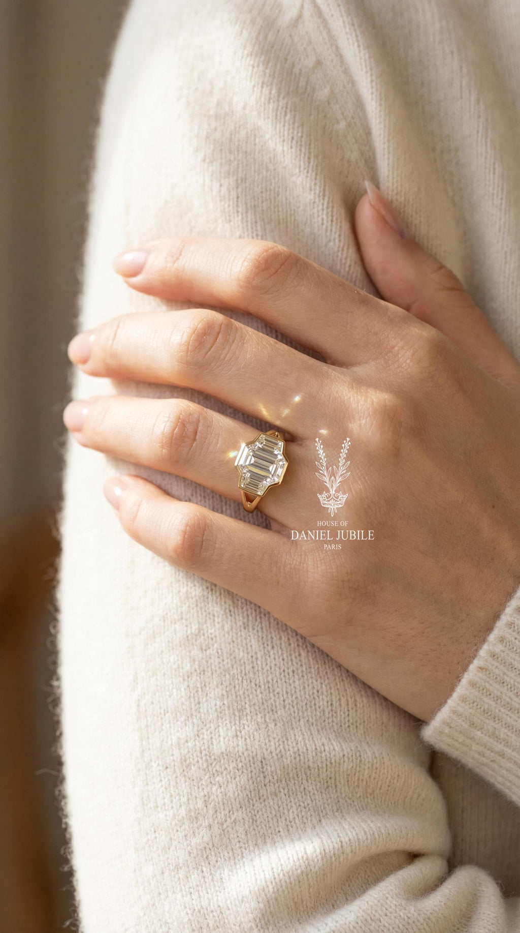 3Carat Emerald Cut Lab Diamond Engagement Ring, 14k Gold Bezel Set Split Shank