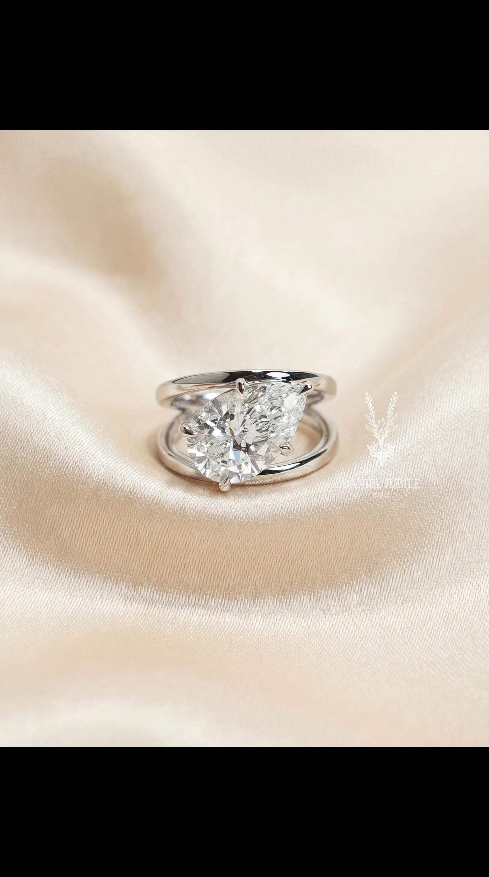 3ct Pear Cut Diamond Engagement Ring Double Band Split Shank 14k Solid Gold Wedding Ring Modern Architectural Floating Solitaire Unique