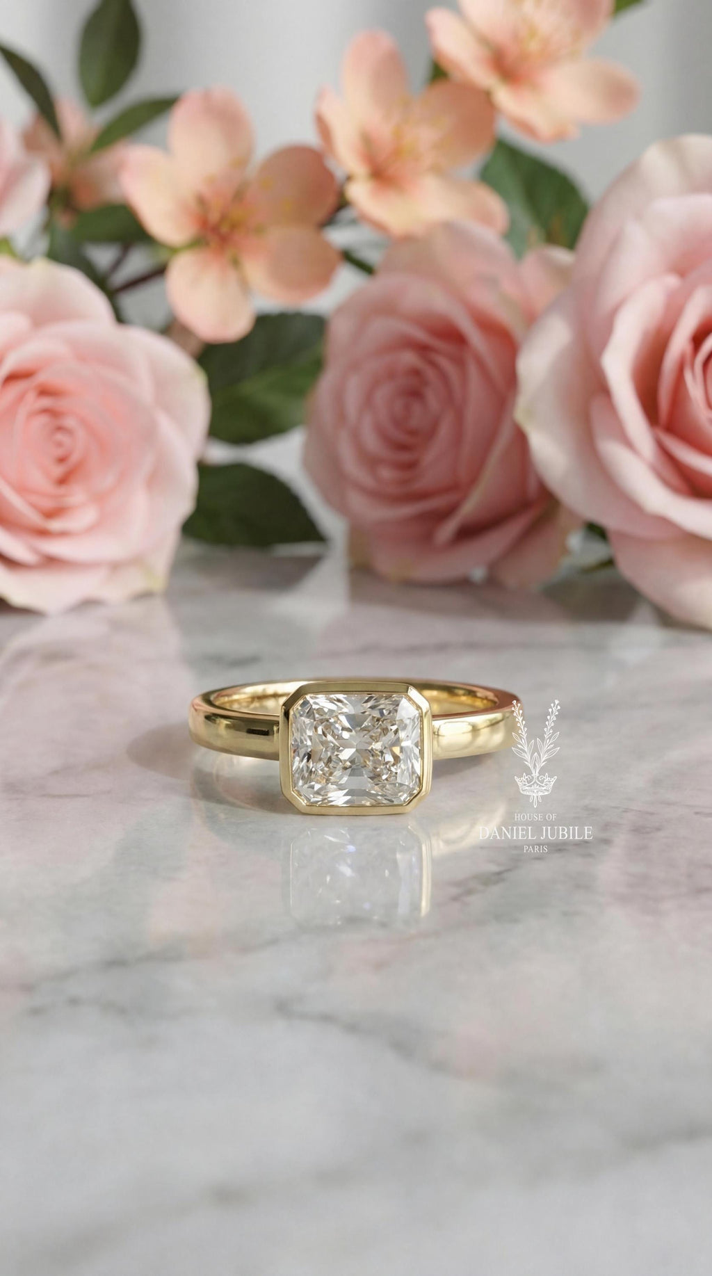 3ct Radiant Cut Diamond Engagement Ring Bezel Set Solitaire 14k Solid Gold Wide Cigar Band Modern Minimalist Statement Ring Custom