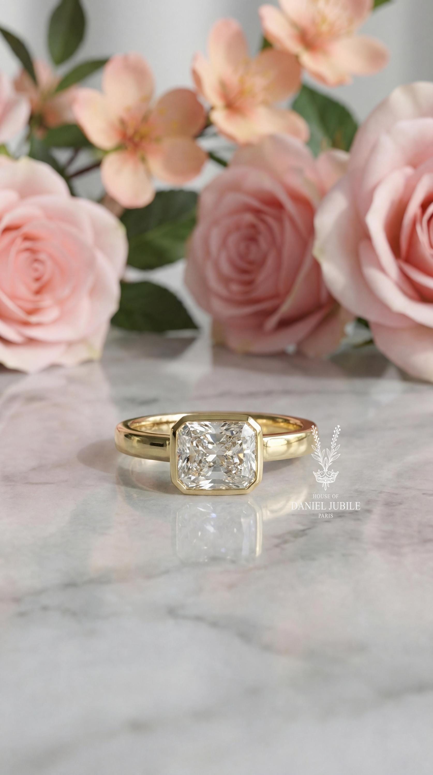 3ct Radiant Cut Diamond Engagement Ring Bezel Set Solitaire 14k Solid Gold Wide Cigar Band Modern Minimalist Statement Ring Custom
