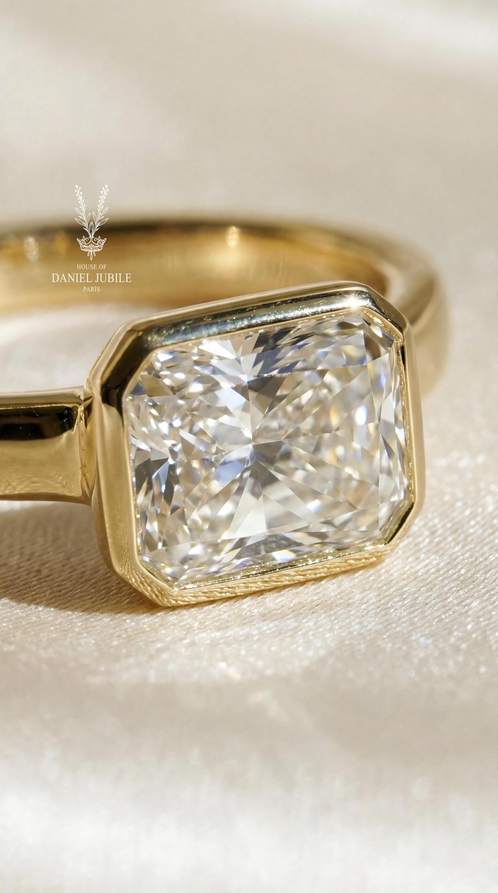 3ct Radiant Cut Diamond Engagement Ring Bezel Set Solitaire 14k Solid Gold Wide Cigar Band Modern Minimalist Statement Ring Custom