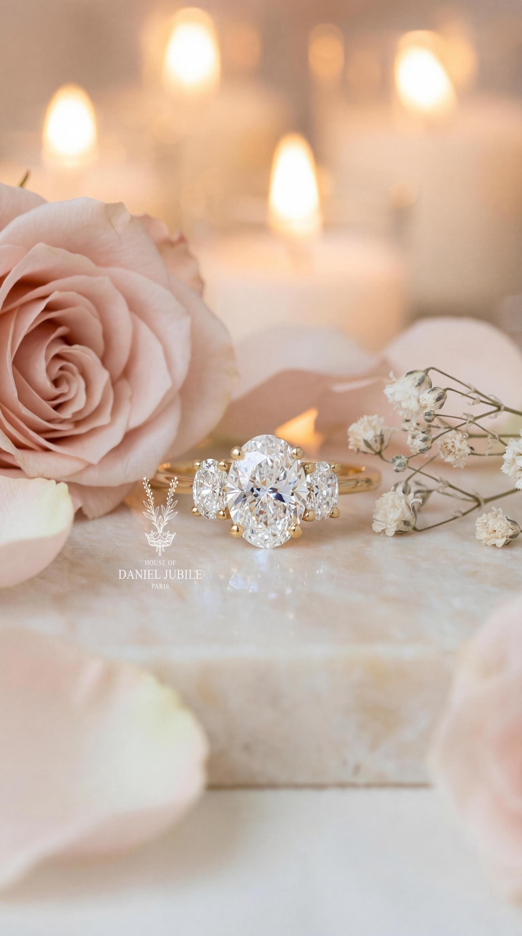 4.20CTW Oval Lab 3 Stone Diamond Ring - 14k Gold Trilogy Engagement Ring